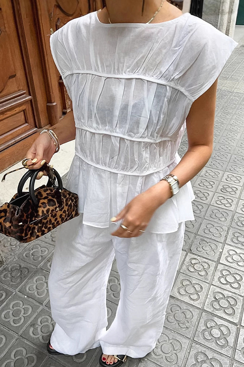 Elegant White Cotton Linen Two-Piece Set