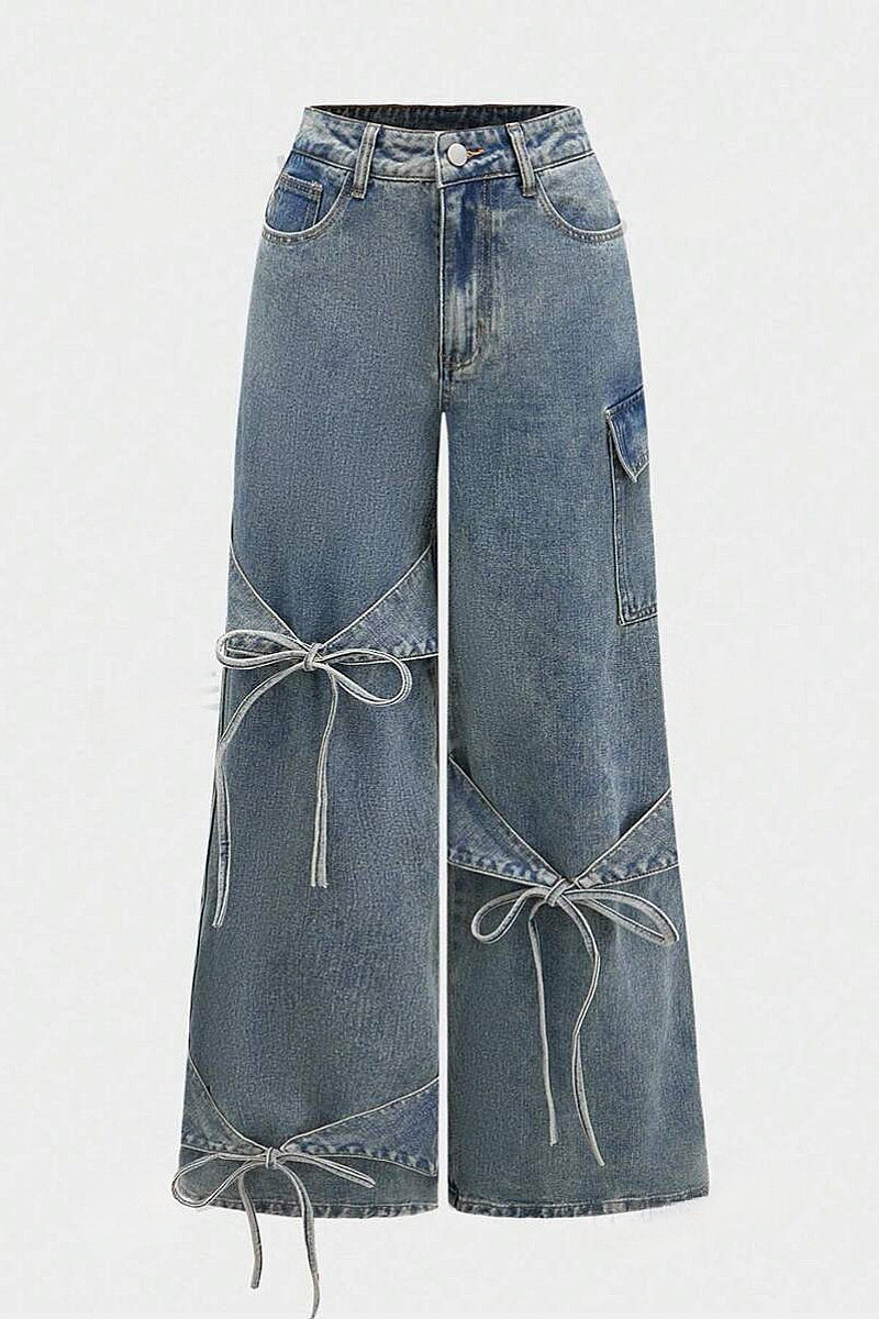 Y2K Style Bow Tie Denim Straight Leg Pants