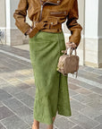 Avocado Green Suede Midi Skirt for Women
