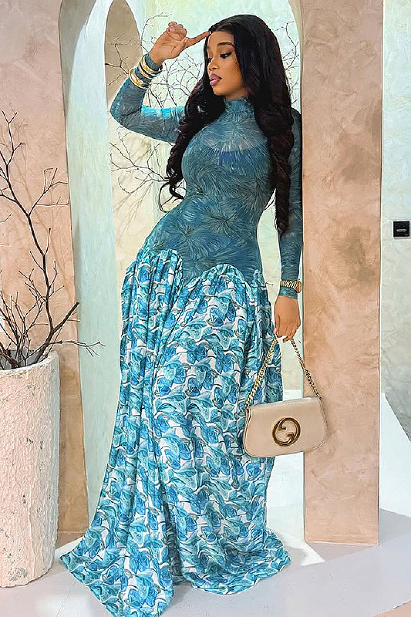 European Style Floral Print High Neck A-Line Dress