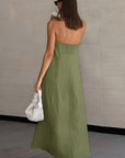 Summer Casual Khaki Cotton Linen Strapless Dress
