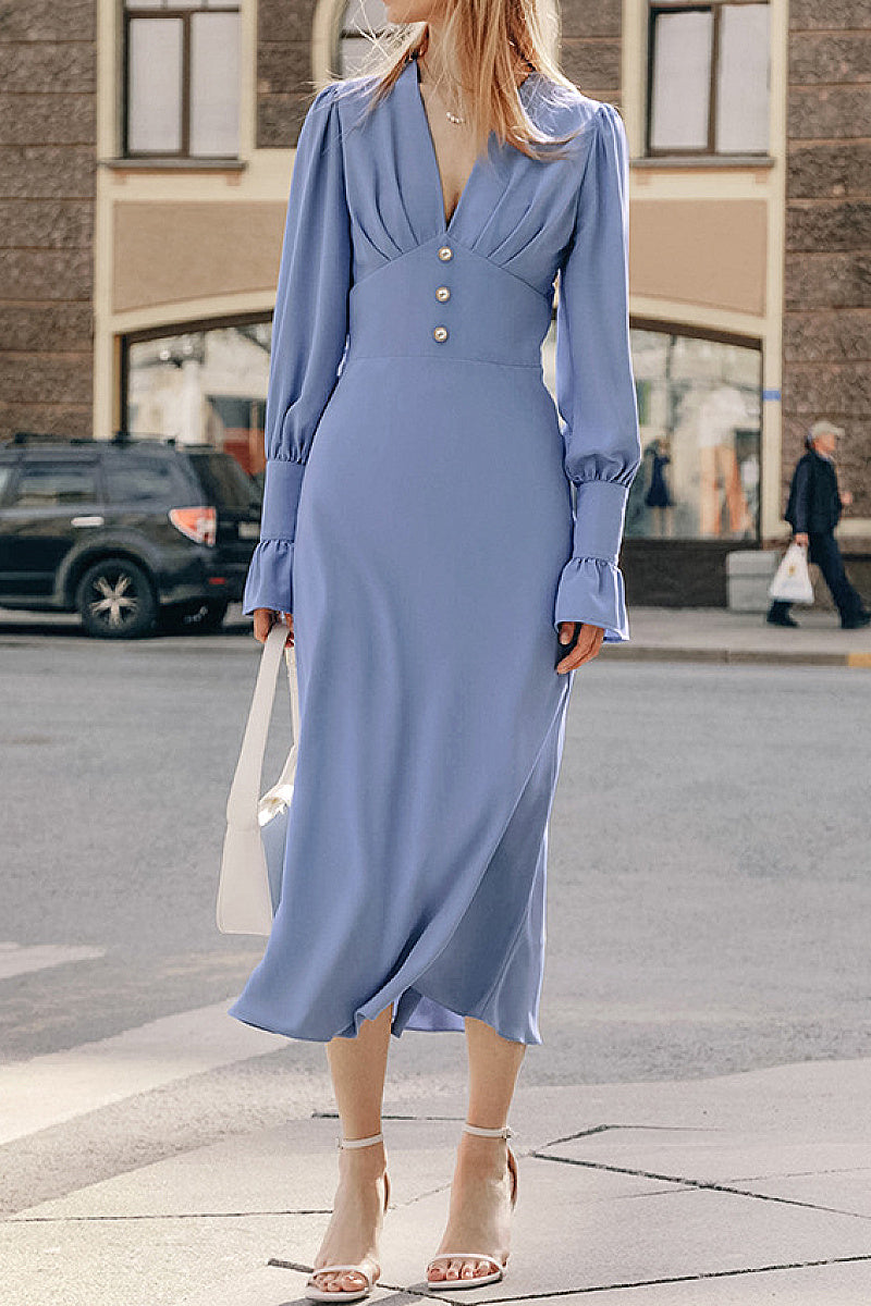 French Lantern Sleeve V-Neck Dress for Women