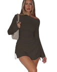 Off Shoulder Long Sleeve Drawstring Mini Dress