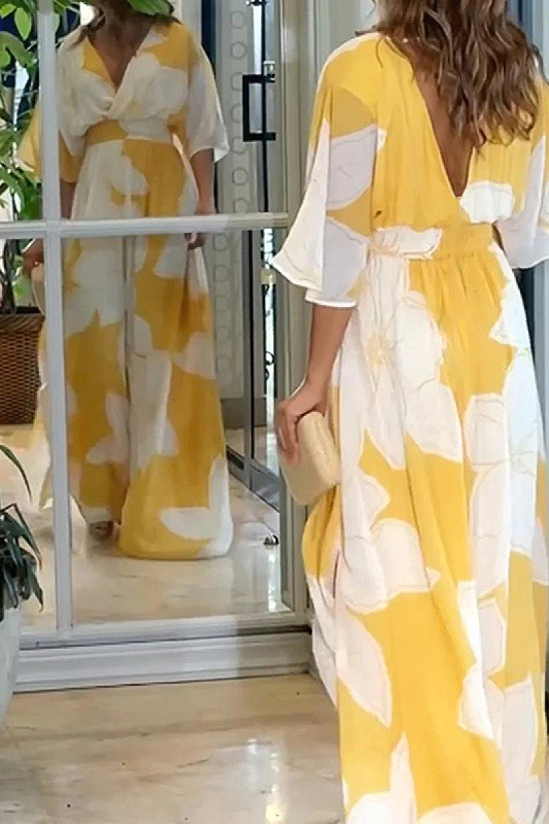 Floral Print V-Neck A-Line Maxi Dress