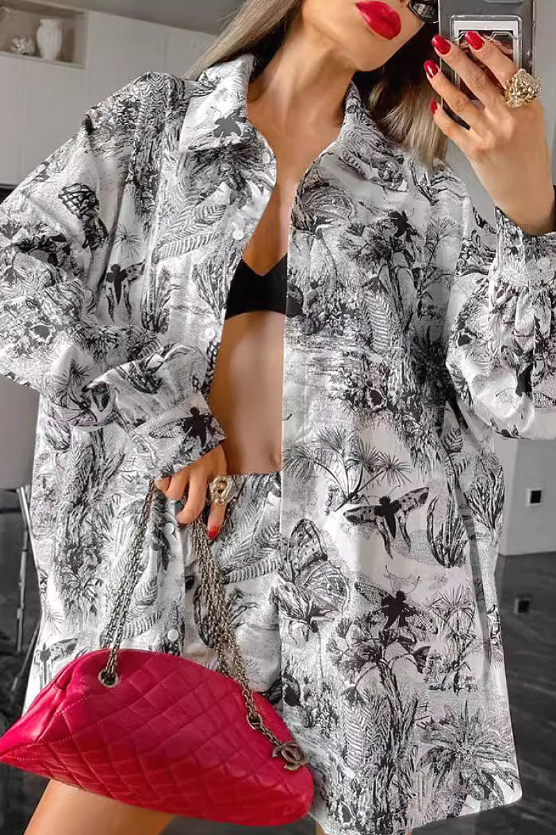 Fashion Loose Ink Print Shirt and Shorts Set