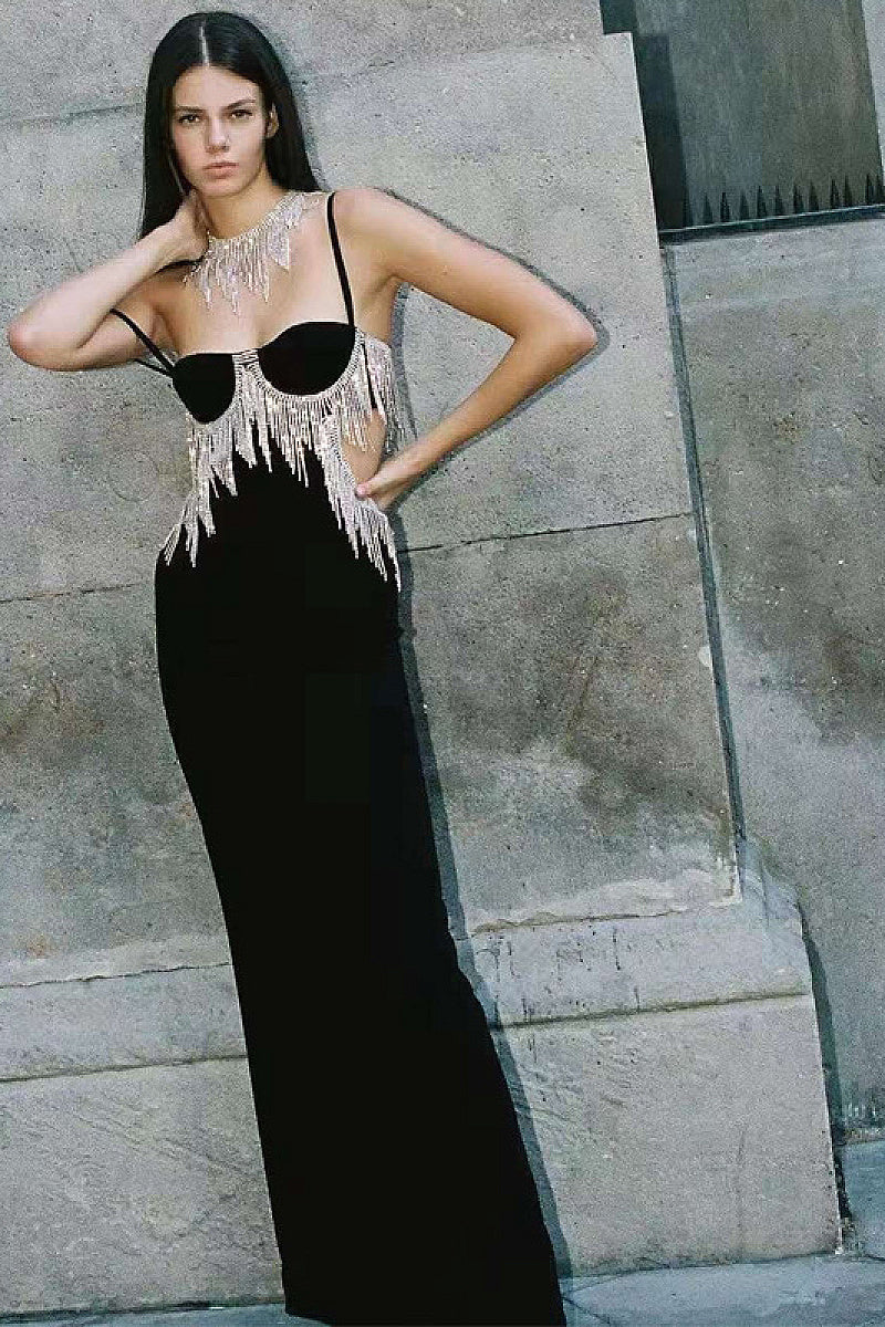 Elegant High-End Rhinestone Tassel Dress