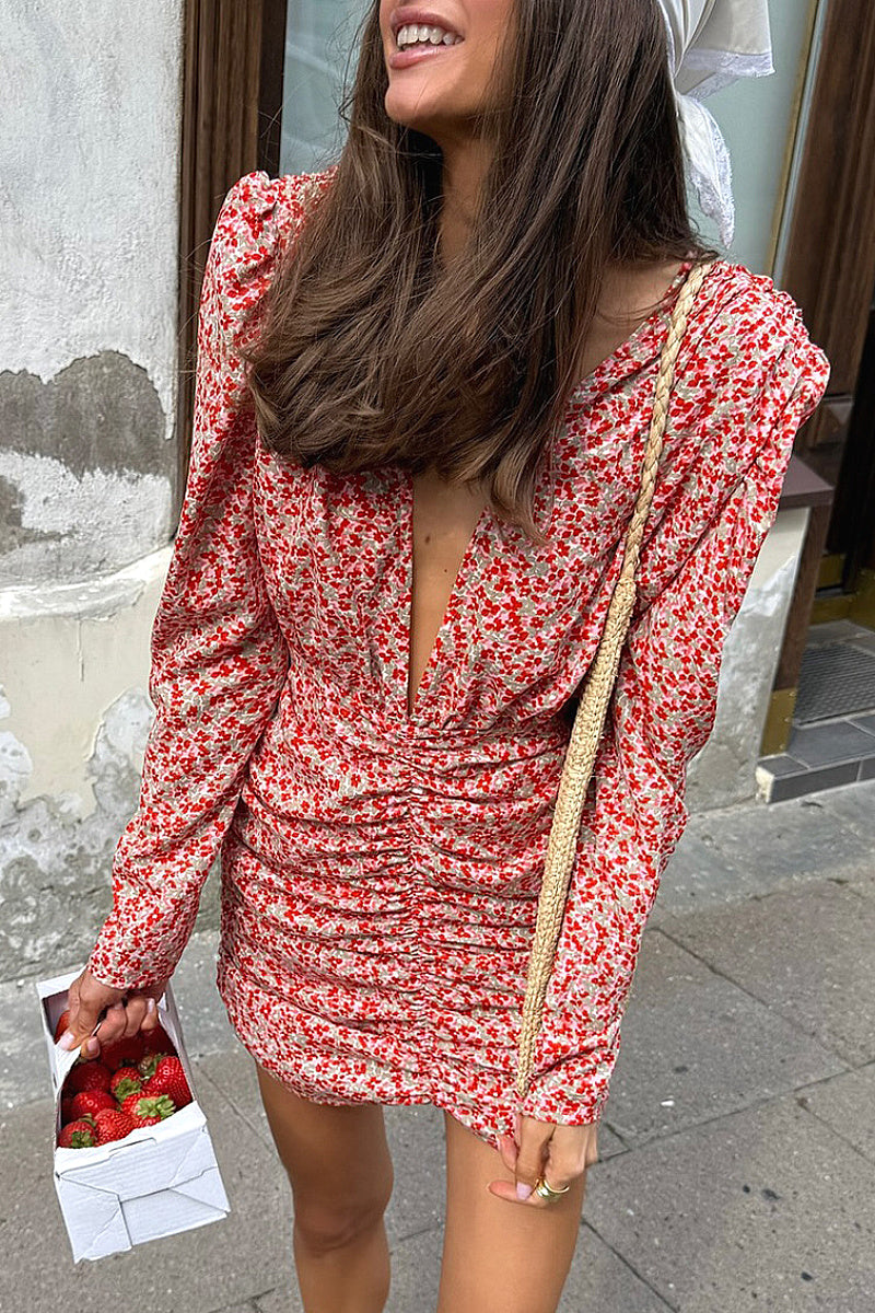 French Vintage Floral Deep V Long Sleeve Dress