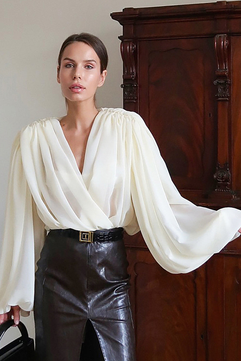 Loose Fit V-Neck Puff Sleeve Women's Shirt