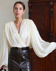 Loose Fit V-Neck Puff Sleeve Women's Shirt