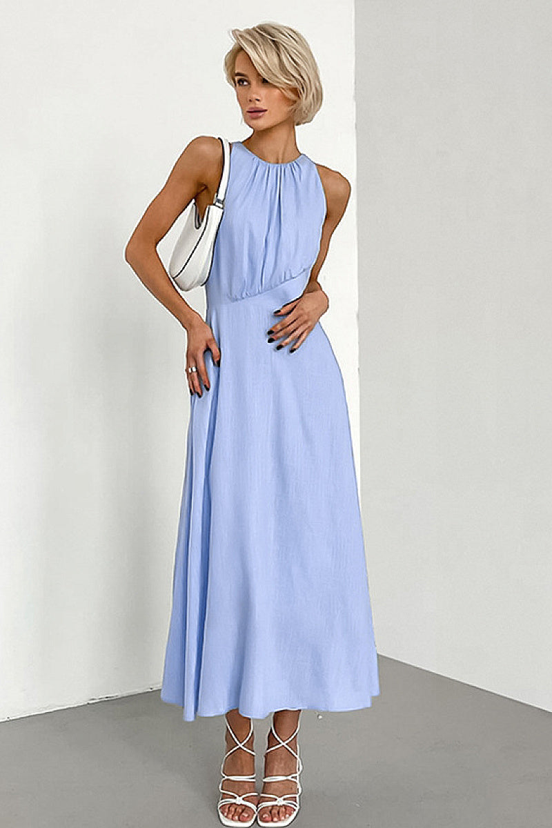 French Style Hollow Waist Cotton Linen Dress