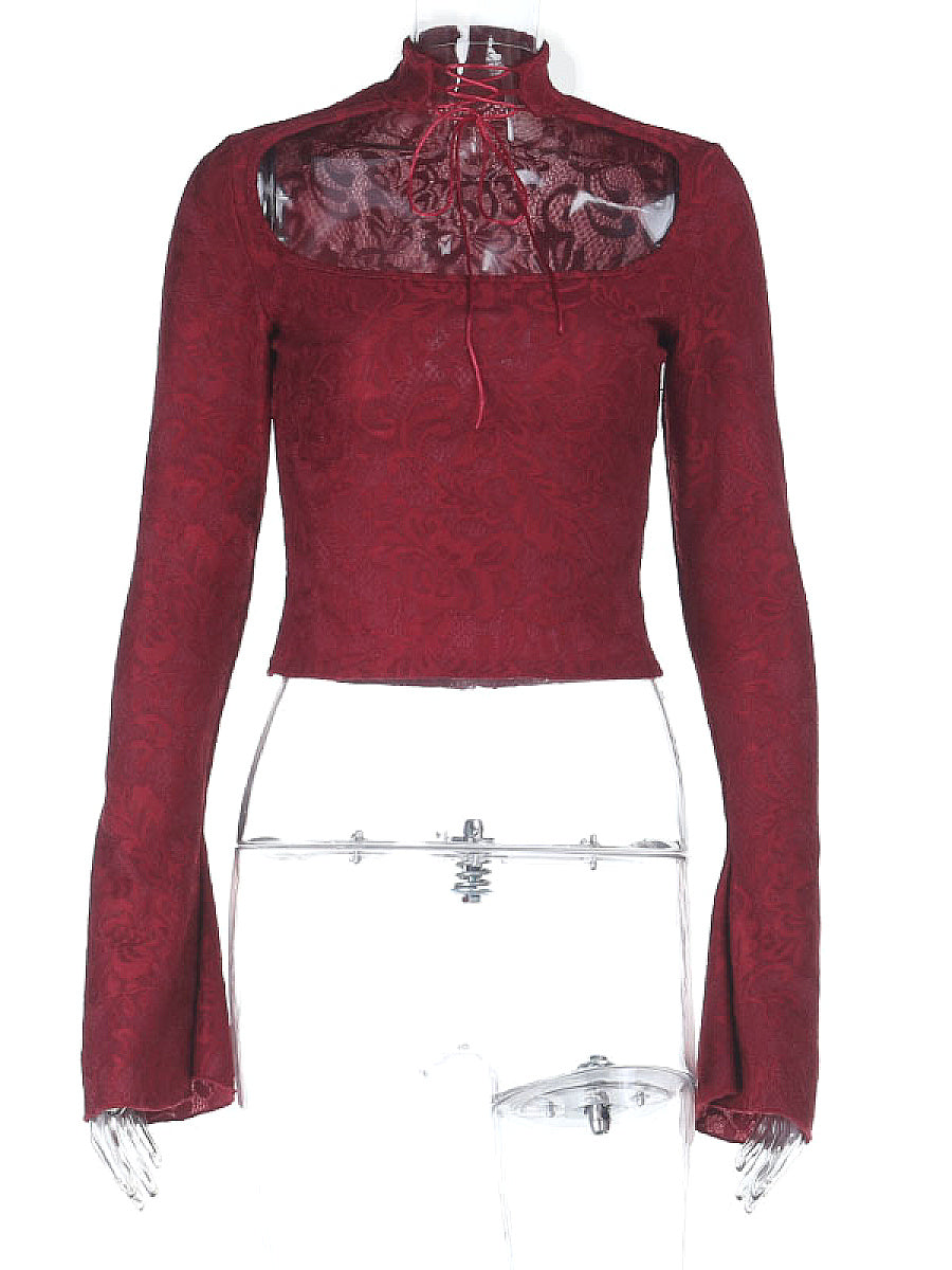 Lace Sheer Long Sleeve Top with Tie