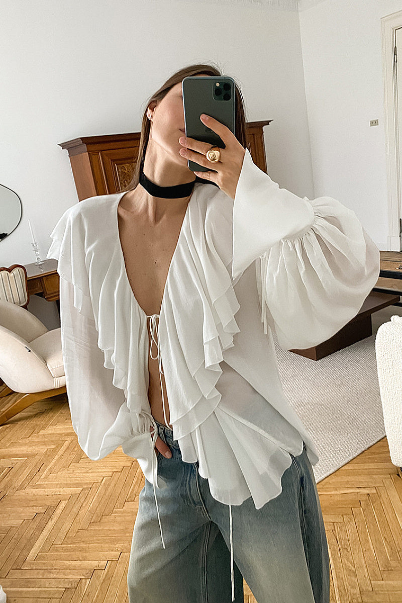 French Design Ruffled Puff Sleeve V-Neck Chiffon Cardigan