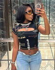 Sexy Hollow Out Letter Print T-Shirt for Women