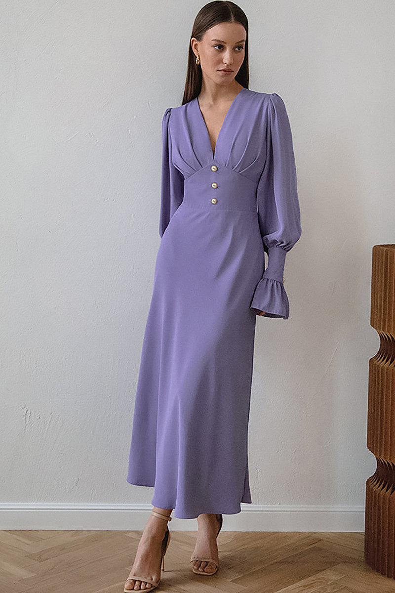 French Lantern Sleeve V-Neck Dress for Women