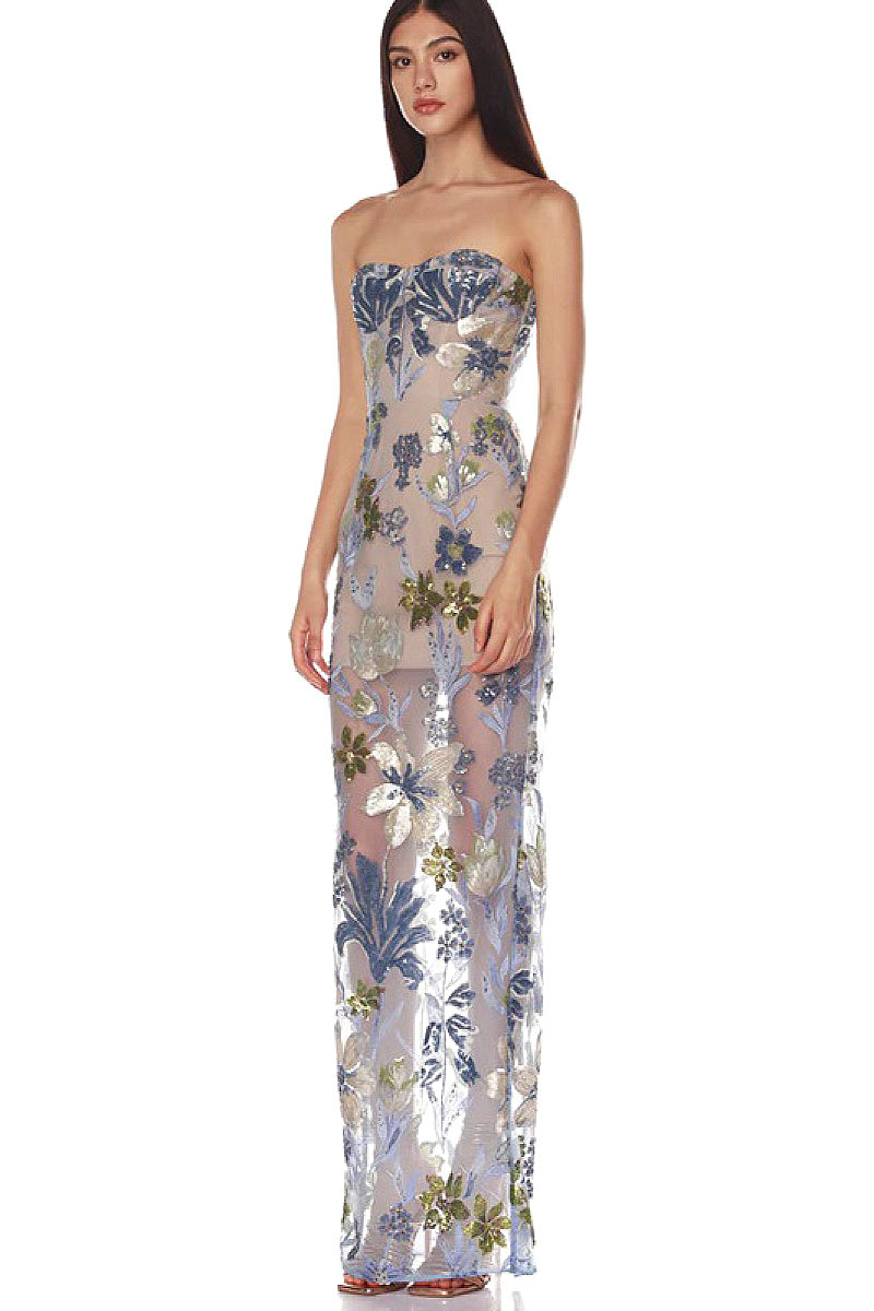 Elegant Embroidered Sequin Flower Strapless Dress