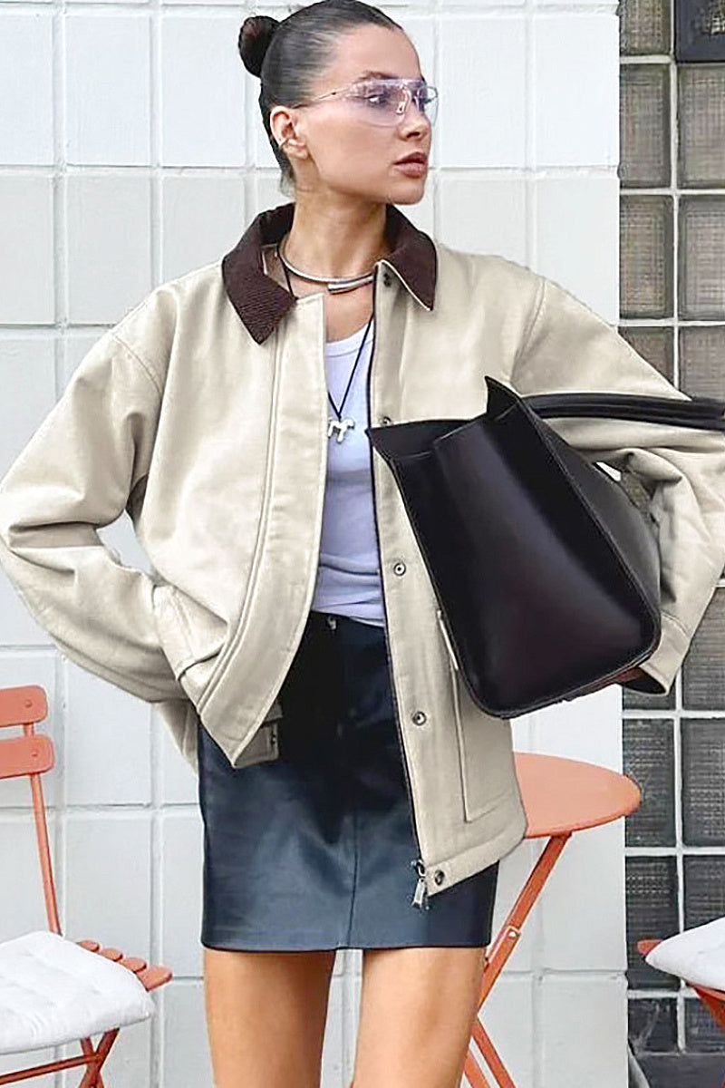 Autumn Winter Color Block Jacket with Pockets