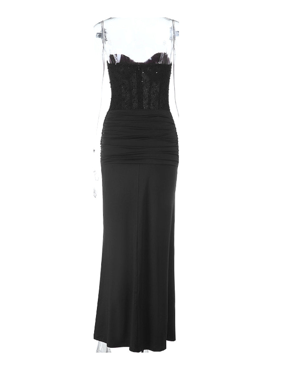 Elegant Strapless Long Dress with Waist Tie