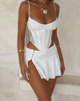 Lace Panel Waist Cinching Top and High Waist Skirt Set