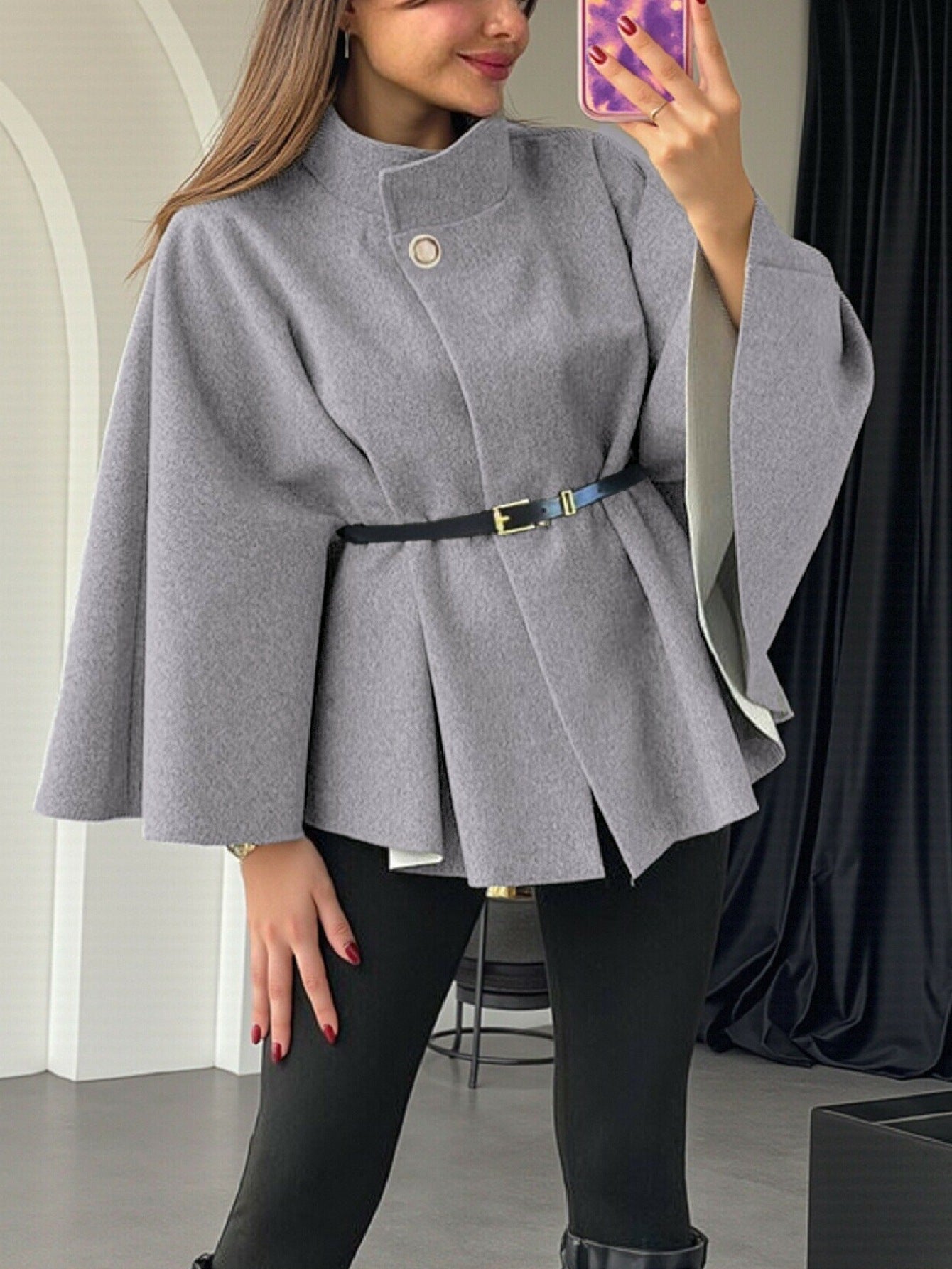 Elegant Winter Women's Cape Coat with Waist Tie
