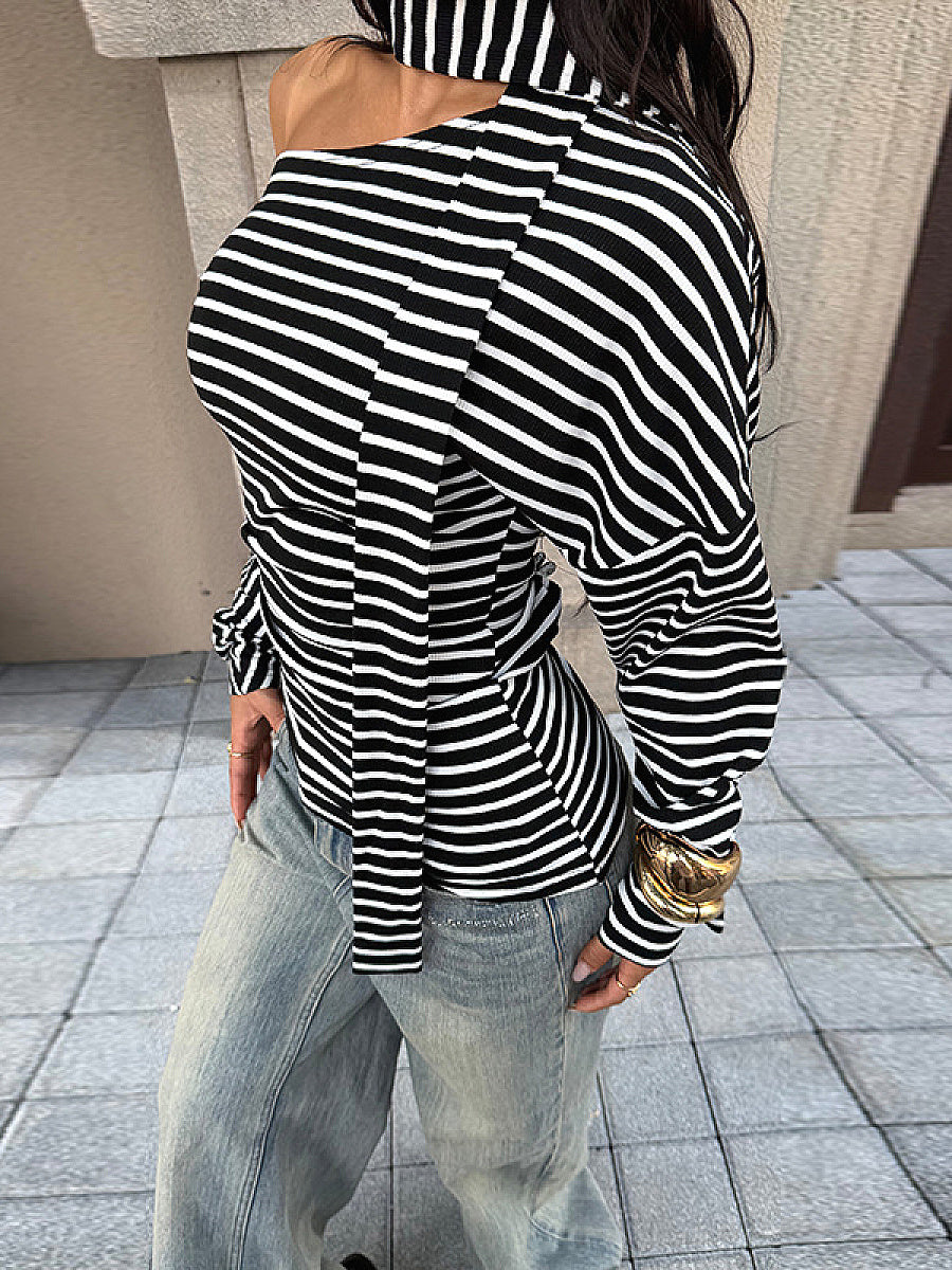 Fashion Striped Asymmetrical Long Sleeve T-Shirt