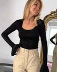 Black Ruffled Long Sleeve Knit Top for Women
