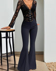 Lace Deep V Neck Long Sleeve Black Jumpsuit