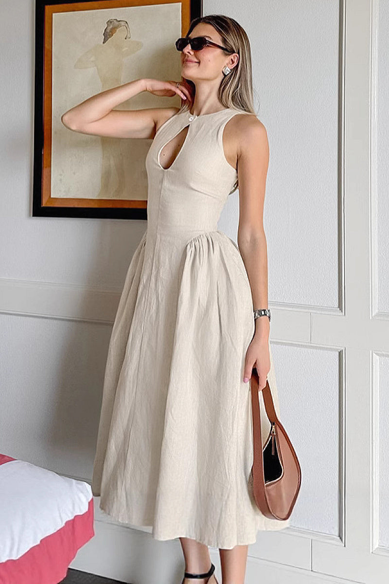 Summer Casual Khaki Cotton Linen Dress for Women