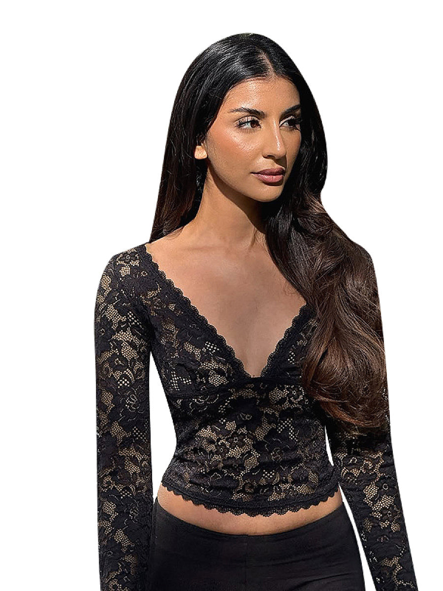 Chic Lace V-Neck Sheer Top for Fall