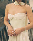 Chic Strapless Long Dress with Flowing Ribbons