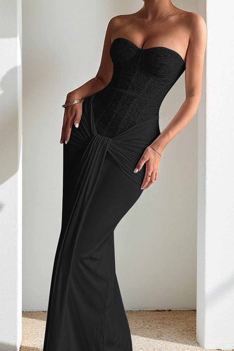 Elegant Strapless Long Dress with Waist Tie