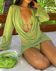 New Women's Hollow Crop Top with Long Sleeves and Skirt Set
