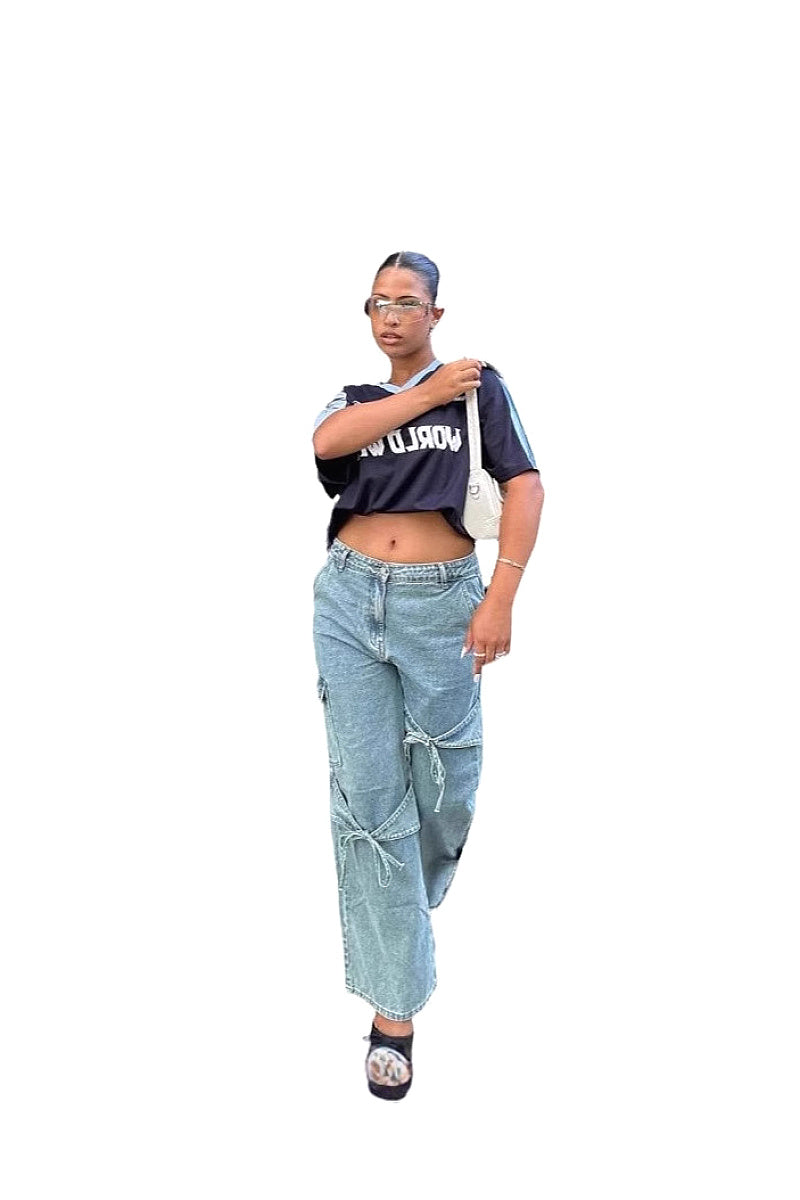 Y2K Style Bow Tie Denim Straight Leg Pants