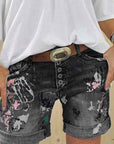 High-Waisted Elastic Printed Denim Shorts