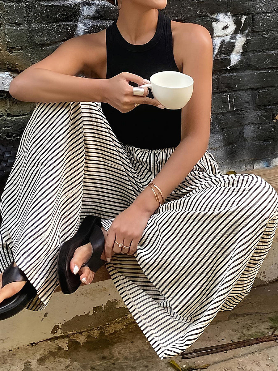 Trendy Striped Wide Leg Pants with Elastic Waist