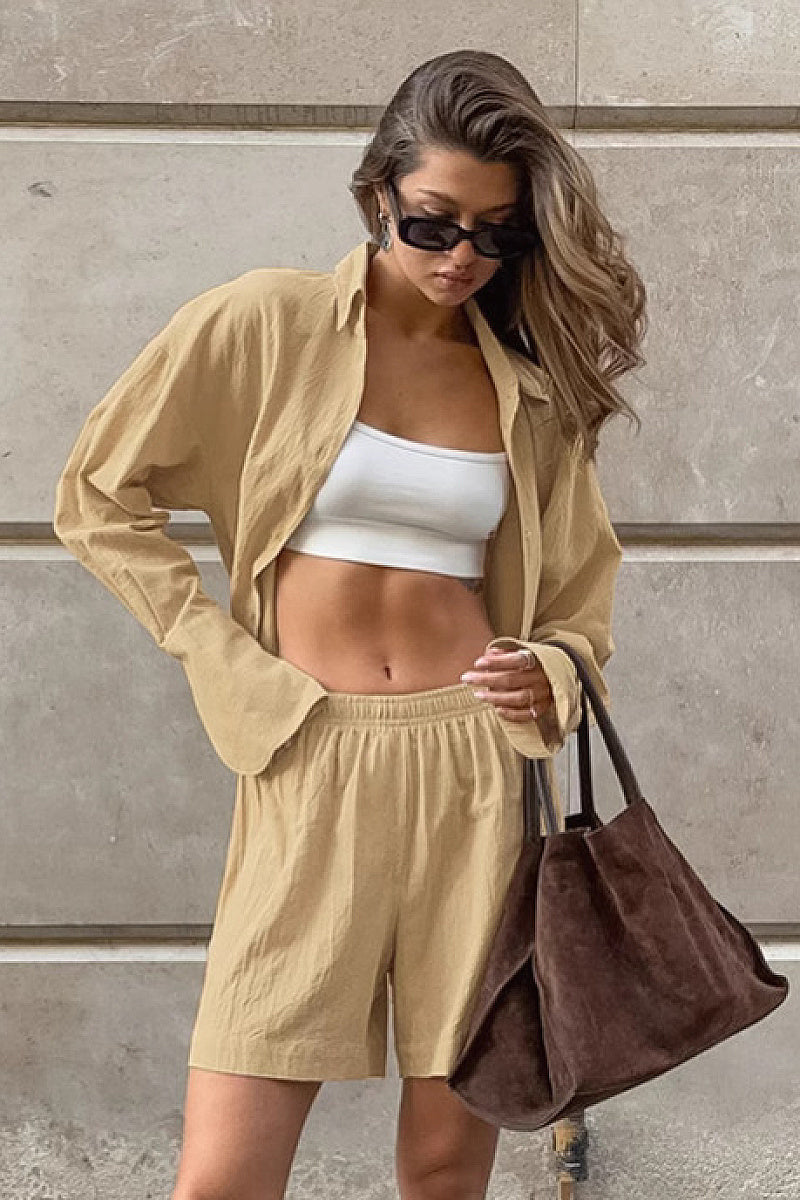 Casual Khaki Cotton Linen Two-Piece Set for Women