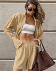 Casual Khaki Cotton Linen Two-Piece Set for Women