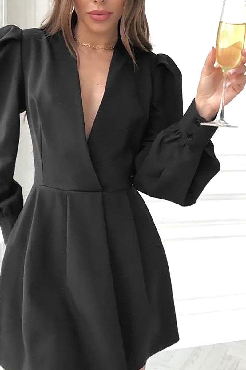 French Style Elegant Black V-Neck Dress for Women