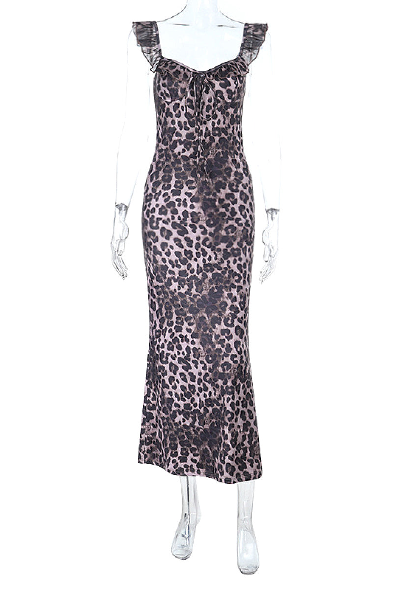 French Style Leopard Print V-Neck Dress