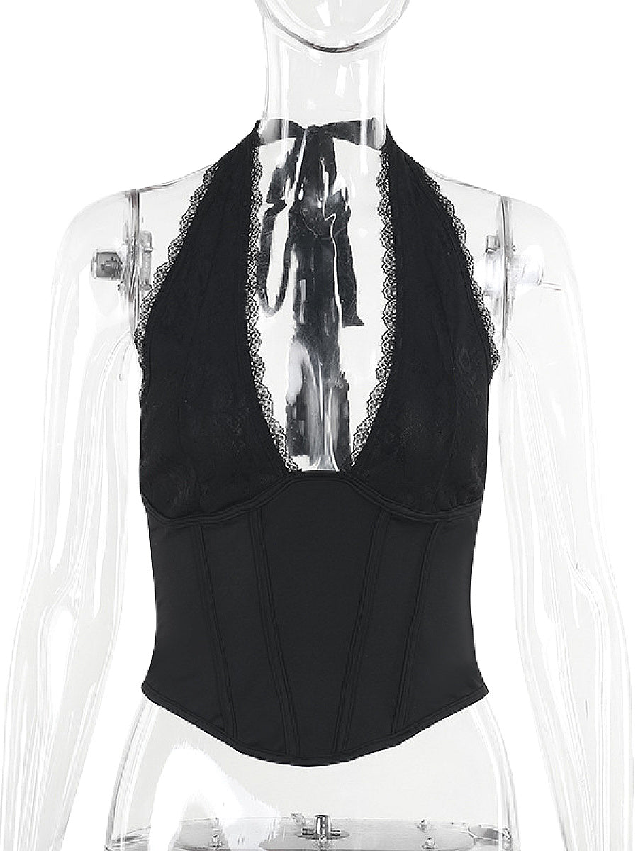 Sexy Deep V Neck Black Halter Top for Women