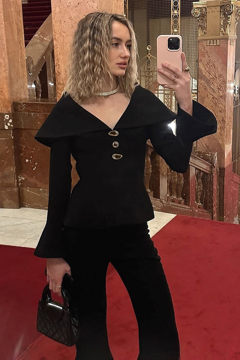 Chic Black V-Neck Two-Piece Set for Women
