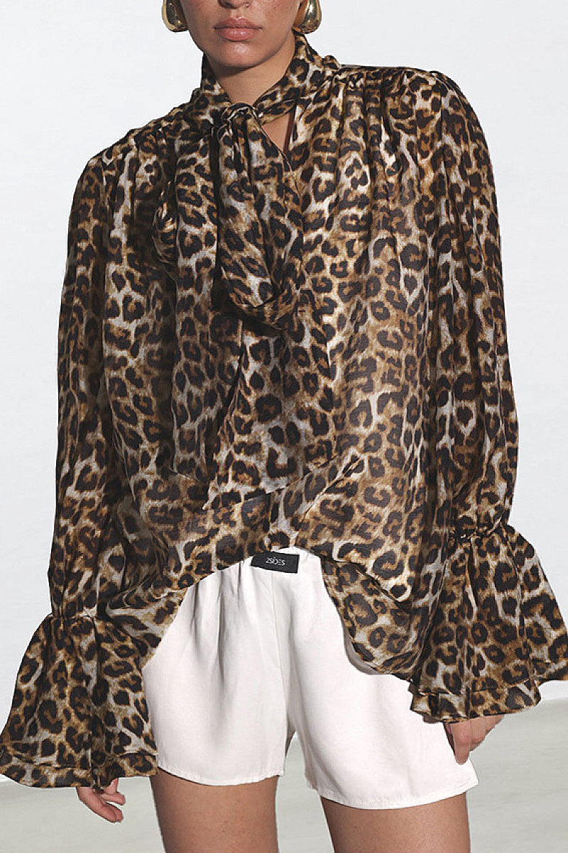Chic Ruffled Leopard Print Chiffon Blouse