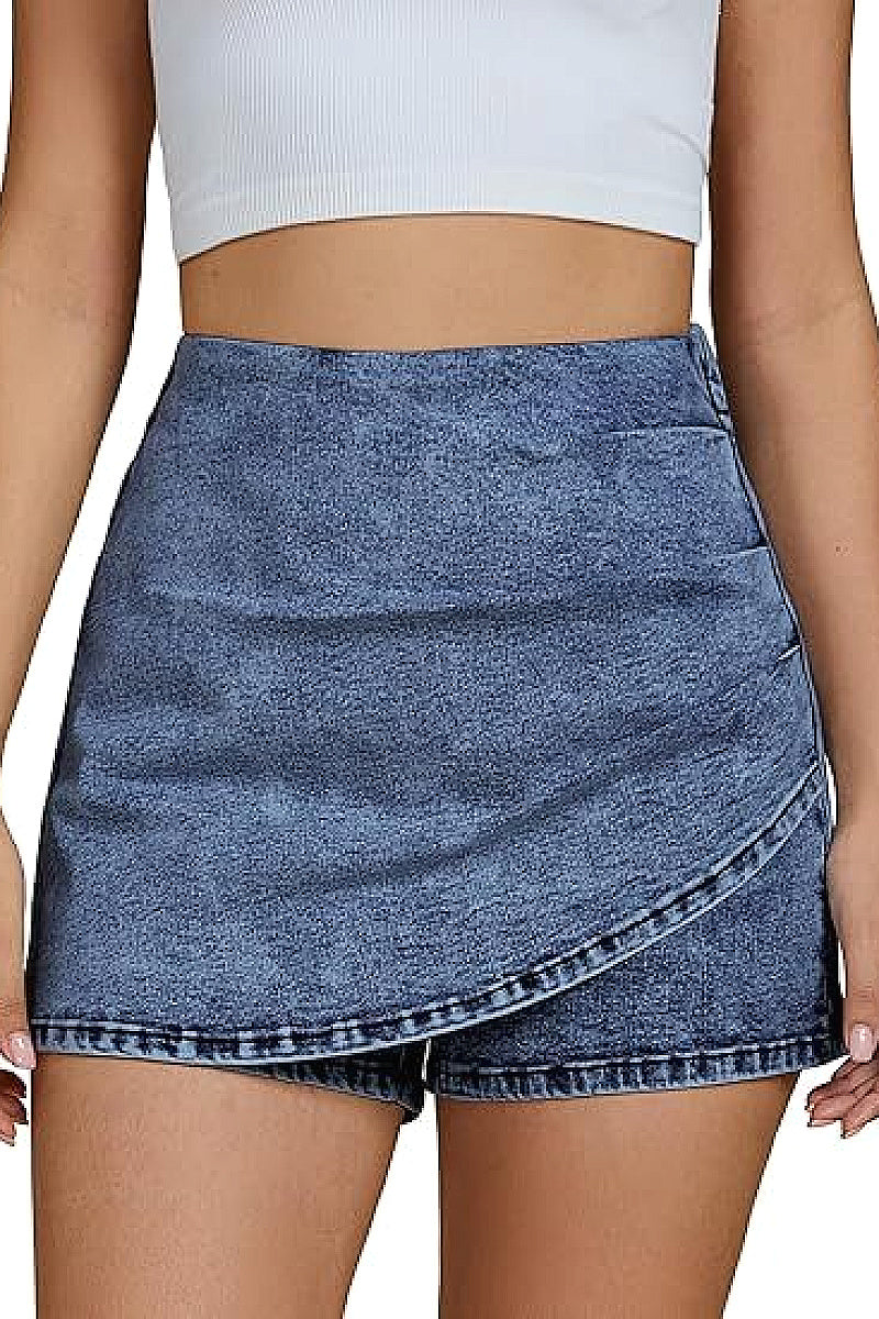 High Waist Fashionable Denim Skirt with Shorts
