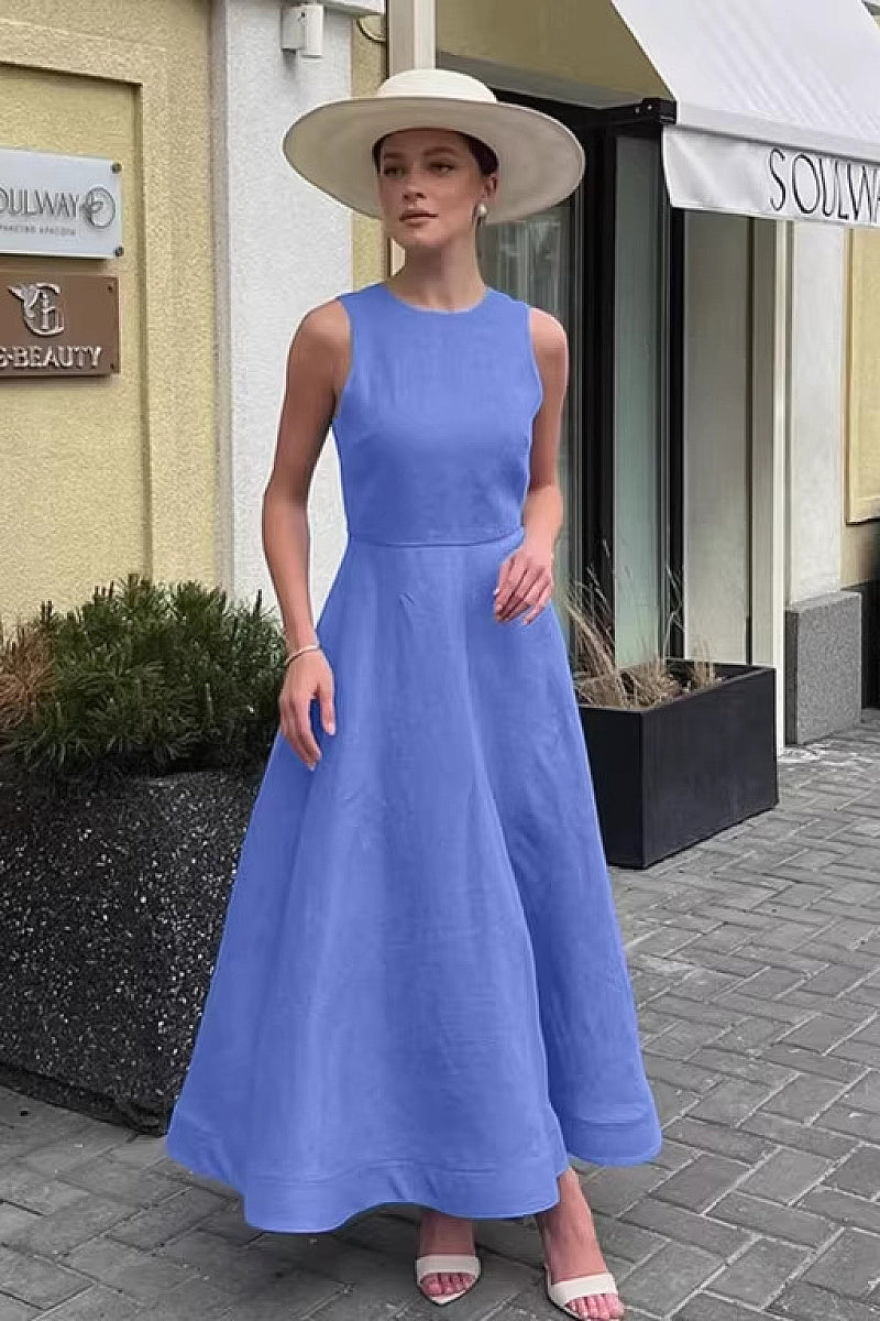 French Style Blue Round Neck Cotton Linen Dress