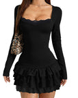 Mini Ruffled Neck Long Sleeve Dress for Women