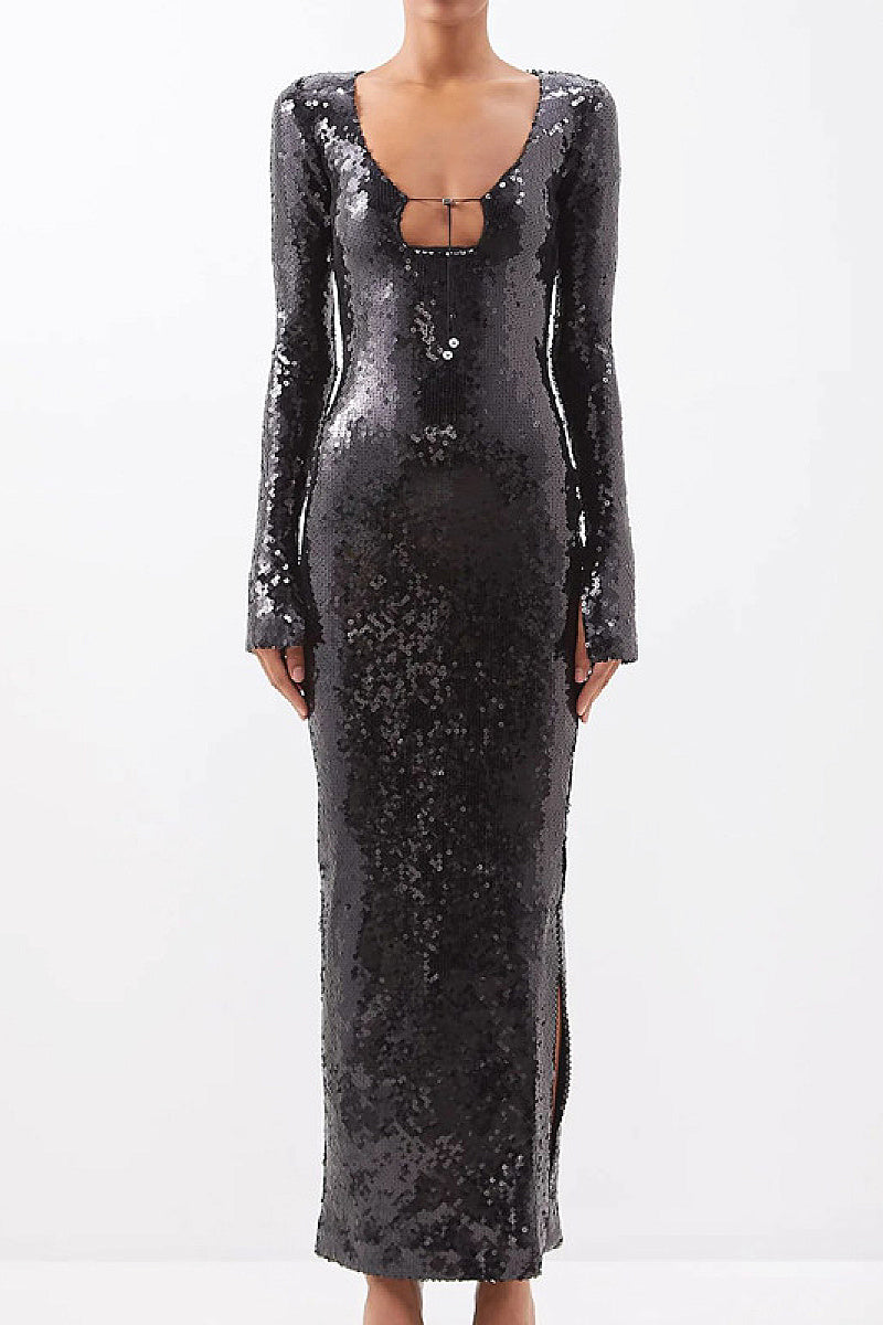 Elegant Sequin Flare Sleeve Dress with Split Hem