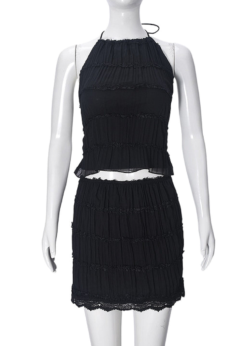 Sexy Hollow Ruffled Crop Top and Mini Skirt Set