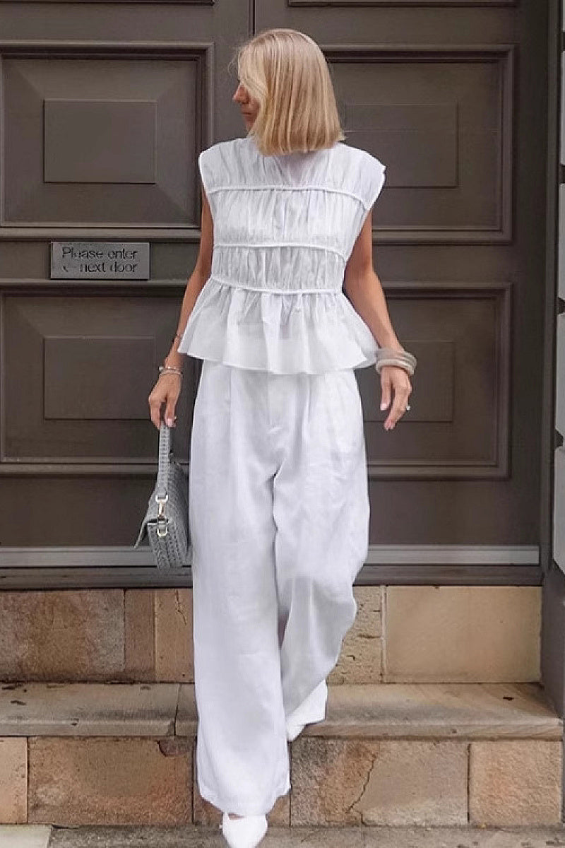 Elegant White Cotton Linen Two-Piece Set