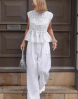 Elegant White Cotton Linen Two-Piece Set
