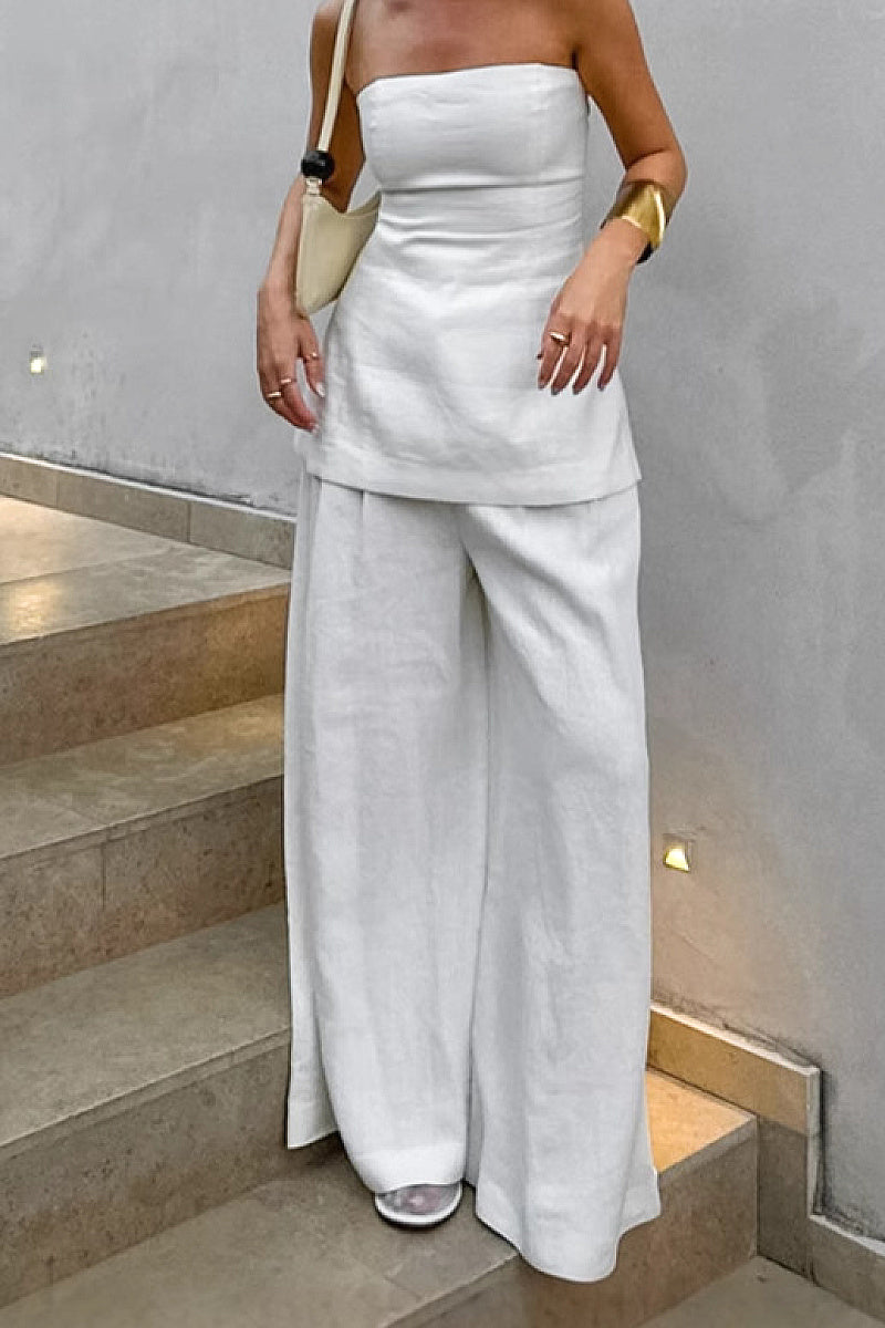 Chic Strapless Top and High Waist Wide Leg Set