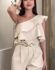 New Elegant Beige Ruffled One-Shoulder Jumpsuit